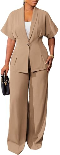 Women's 2 Piece Suit Set Short Sleeve Blazer & Wide Leg Pants Set Summer Work Pantsuit for Business Casual Khaki XL