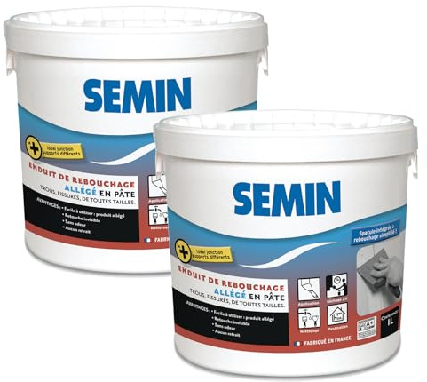 Semin SEM-LIGHT Enduit de Rebouchage Allégé- 2 X 1 L – Ultra Léger, Sans Retrait & Séchage Rapide – Réparation Trous & Fissures – Intérieur Murs & Plafonds – Blanc Mat – 2 Spatules Intégrées