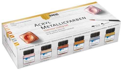 KREUL 77601 - Acryl Metallicfarben im Color Living Set, 6 x 20 ml Farbe und ein Pinsel, glamouröse Acrylfarbe mit Metalliceffekt auf Wasserbasis, cremig deckend, schnelltrocknend und wasserfest
