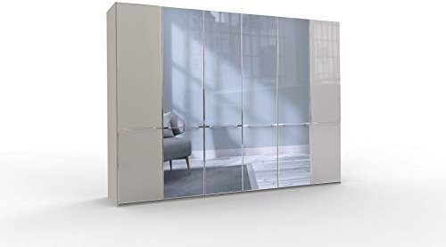 WIEMANN Montreal Kleiderschrank, Schlafzimmerschrank, Drehtürenschrank mit Spiegel, Breite 300 cm, 6 türig, Grau, Glas Kieselgrau, Griffe Chrom, B/H/T 300x216x58 cm