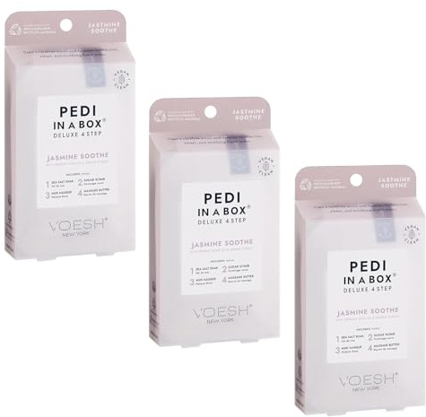 VOESH Pedi in a Box 4 Step Jasmine Soothe - 3 Pack, Home Pedicure Kit, Pedicure Supplies, Pedi Kit, DIY Pedi, Foot Treatment, Spa Pedicure, Foot Spa