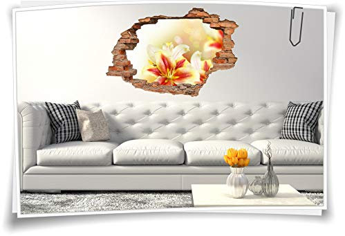 3D Wand-Bild Wand-Tattoo Wand-Aufkleber Lilly Lilien Blumen Blüten Gelb Rot Deko, 120x80cm
