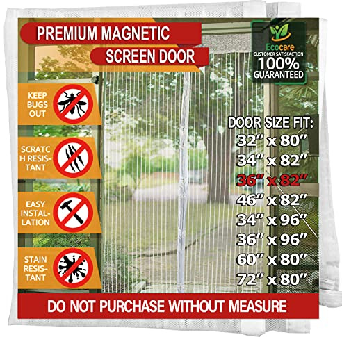 TheFitLife Magnetic Fly Screen Door, Heavy Duty Mesh Curtain, Hands Free | 100x210cm - Fits Doors up to 91x208cm Max, White, with Full Frame Hook & Loop Powerful Magnets, Pet & Kid Friendly