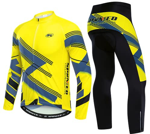 sponeed Fahrradbekleidung für Herren, langärmelig, Mountainbike, Rennrad, Trikots, gepolsterte Hose, Biking-Outfits, Gelb, mehrfarbig, Large