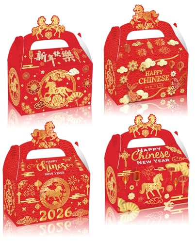 DPKOW 12 Stück Rot Chinesische Neujahr Geschenkboxen, Jahr der Schlange DIY Karton Boxen für Chinesische Neujahr Kekskästen Pralinenschachtel, Faltboxen für Kuchen Süßigkeiten Leckereien Gastgeschenke