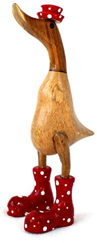 dekoundmeer Ente Figur Holz Dekoration rote Stiefel und Hut, Braun Rot Weiss, 270 x 130 x 100 mm