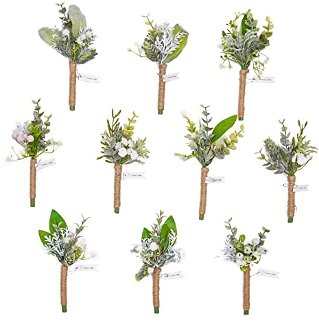 TINGE TIME Boutonniere for Men Wedding,Artificial Greenery Boutineers for Wedding Ceremony Anniversary, Formal Dinner Party and Rustic Spring Wedding Marriage (10, Fresh Green)