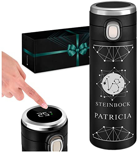 Maverton Thermobecher Kaffeebecher mit Gravur 400 ml - Trinkflasche Auslaufsicher 100% dicht - Thermo Trinkflasche mit LED-Temperaturanzeige - Travel Mug Geschenk für Frauen - schwarz - Sternzeichen