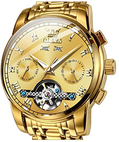 OLEVS Selbstaufziehende Uhren für Herren, automatisch, mechanisch, Tourbillon, Edelstahl, wasserdicht, leuchtend, luxuriös, elegante Armbanduhren, Gold, Mechanisch