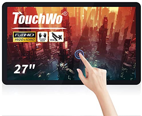 TouchWo 27 inch Capacitive Multi-Touch Screen Industrial Monitor, 16:9 Display 1920 x 1080P, Built-in Speakers, VGA, DVI & HD-MI Monitor for PC, POS, Small Business, Restaurant