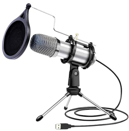 Microphone à condensateur omnidirectionnel pour ordinateur – Microphone USB pour PC – Microphone de jeu pour streaming sur PC – Micro d'enregistrement pour chant avec filtre pop, support antichoc et