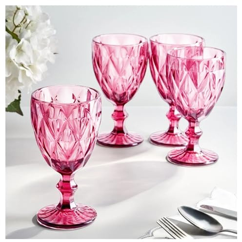 Juego de 4 copas de vino vintage reutilizables de plástico de 12 onzas, copas de agua de colores, patrón único en relieve, copas de vino irrompibles, copas de vino de alta transparencia, para bodas