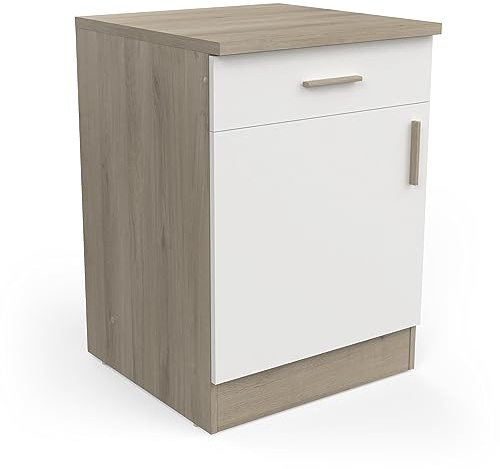 Meuble De Cuisine Bas Modulable avec Plan de Travail 1 Tiroir 1 Porte - Cuisine Complete ‟Origan” – Coloris Chêne Clair & Blanc Mat - 60 x 60 x 85 cm