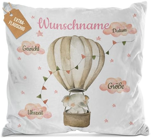PR Print Royal Flauschiges Kissen zur Geburt personalisiert - Elefant im Heißluftballon - Geschenk zur Geburt mit Name und Geburtsdaten | 40 x 40 cm, Weiß Flauschig
