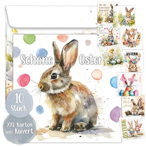 TOBJA Biglietti pasquali con busta, set da 10 pezzi, XXL, colorati auguri primaverili, motivi allegri, biglietti regalo pasquali, 14,8 x 14,8 cm, progettati e stampati in Germania
