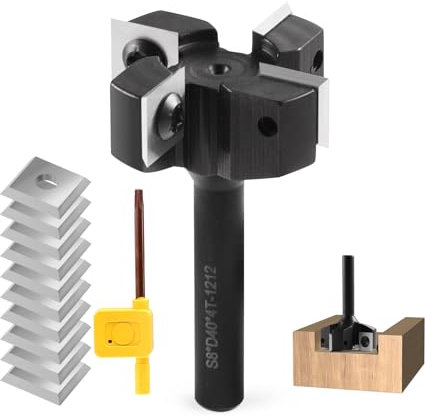 Planfräser 8mm schaft 4 Flöten mit 10 austauschbaren Hartmetallmessern(12x12x1.5mm), Durchmesser 40 mm, CNC Plattenfräser Reinigung Fräser für Oberfräse Holzbearbeitung(D=40 S=8)