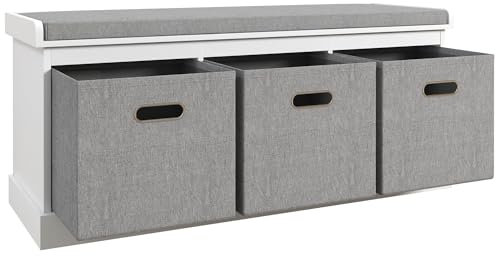 HOMCOM Shoe Bench with 3 Fabric Baskets, Shoe Storage Bench with Seat Cushion, Shoe Cabinet for Entryway, Hallway, Living Room, Bedroom, White