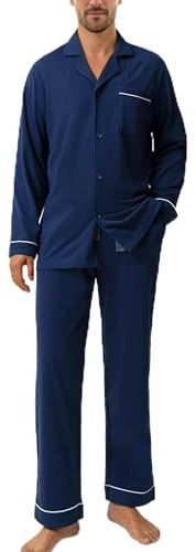 DAVID ARCHY Pigiama da Uomo in Cotone Pigiama da Notte Camicia a Maniche Lunghe e Pantaloni Lounge con Tasche con Bottoni, Morbido e Confortevole