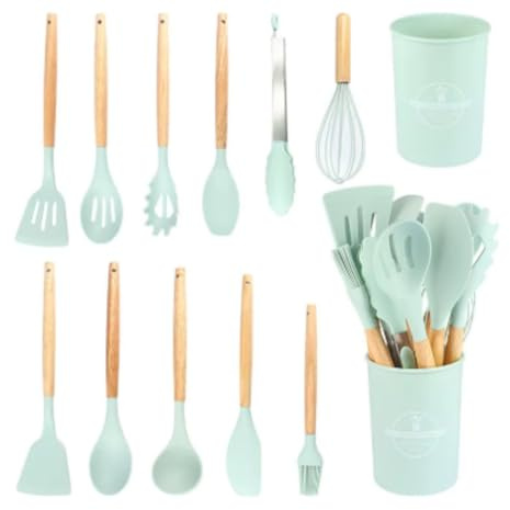 TINA&CO Juego de 12 Utensilios de Cocina de Silicona con Mango de Madera - Kit de Cocina Completo de Menaje, Antihaderente, Resistentes al calor y Duraderos (Verde Mint)