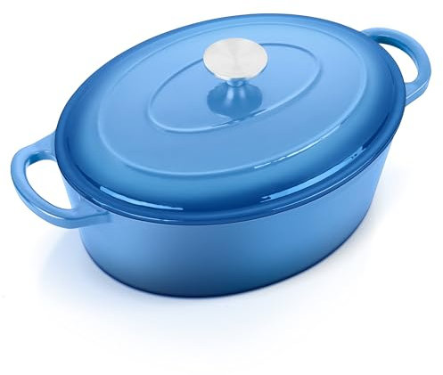 E-far Olla holandesa ovalada de 7 cuartos con tapa, horno holandés de hierro fundido esmaltado con asas dobles para hornear pan de masa madre, utensilios de cocina con revestimiento de esmalte