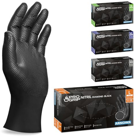 100x PROGRIP Gants nitrile taille L Noir [Avec double épaisseur et texture diamantée], Gants nitrile à usage unique pour atelier, industrie et montage, Gants nitrile à usage unique