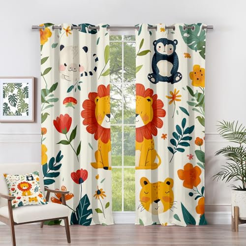 Vorhänge Safari - Süße Cartoon Tiere Blumen Blätter Fenster Gardinen mit Ösen, Vorhang Blickdicht Verdunklungsvorhänge Thermovorhang für Wohnzimmer Schlafzimmer 2er Set, H 166 x B 75 cm N#-522