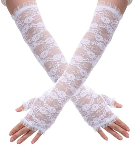 Ymapinc Lange Blumenspitze Spitzenhandschuhe Weiß Fingerlose Handschuhe Spitze Vintage Brauthandschuhe Abendhandschuhe White Lace Gloves für Hochzeit Party Opera