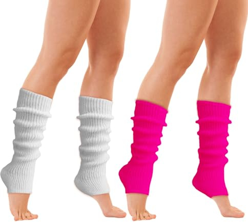 FUIPVGI 2 Pares Calentadores Piernas Mujer, Calentadores Largos de Ballet de Punto para Mujer y Niña, Calentadores de Invierno para Yoga Ballet Danza (Blanco, Rojo rosa)