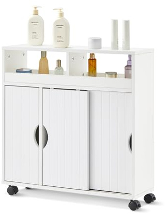 LEMROE Bathroom Storage Cabinet, White Floor Free Standing Mobile Unit with 3 Door and Shelves, Home Cupboard with Lockable Wheels for Toilet Bedroom Kitchen Living Room(Modern)