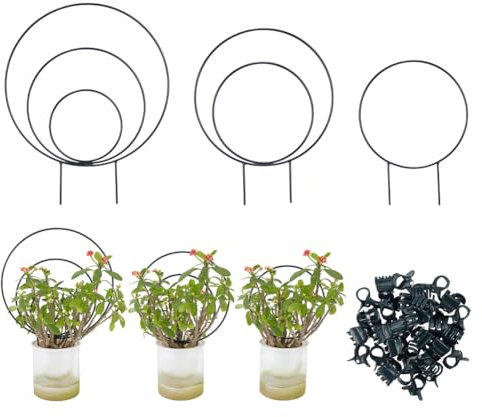 DELORIGIN 3 Styles Black Round Trellis Set Metal Plant Trellis with 20 Plastic Plant Support Clips Monstera Climbing Support Stakes Small Potted Plants Climber Trellises for Indoor Small Houseplants