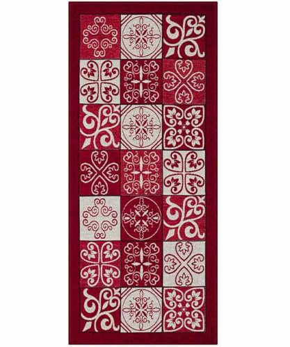 Pierre Tappeti Tappeto disegno MAIOLICA ROSSO decorazione piastrelle ceramica, passatoia cucina multiuso lavabile in lavatrice e anti-scivolo cm.55x140