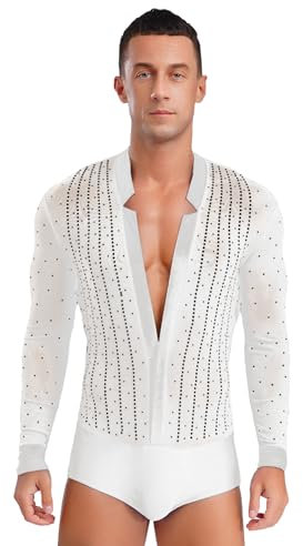 RUNQHUI Herren Langarm Tanz Hemd Latein Tanzbody Stringbody Glitzer Shiny Ballett Trikot Einteiler Eiskunstlauf Dancewear Gr. M-3XL Weiß XXL