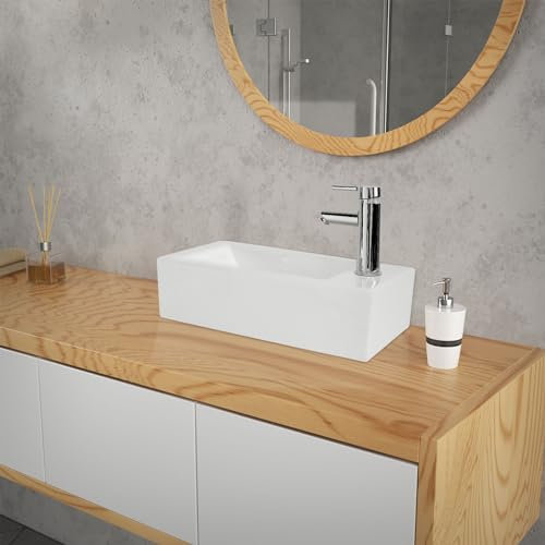 ML-Design Lavabo in Ceramica Bianca 51x25x13 cm Lavandino a Destra con Foro per Rubinetto Lavamano Piccolo Rettangolare Lavello Moderno a Parete o da Appoggio per Bagno per Ospiti
