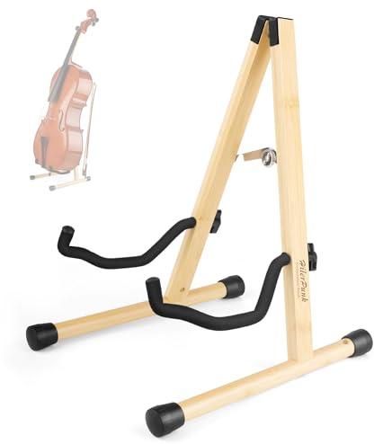 Soporte para celo con soporte de arco, soporte de madera en forma de A con espuma acolchada, soporte hecho a mano para 1/2, 3/4, 7/8, 4/4 (tamaño completo) y guitarras (bambú, celofán)