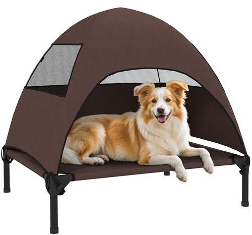 PawHut Hundeliege Outdoor mit Dach Erhöht Stahlrahmen 76x61x71cm Kaffee | für Mittelgroße Hunde, Kühlendes Haustierliege, Waschbares Mesh, Tragtasche, Haustierbett für Draußen Camping