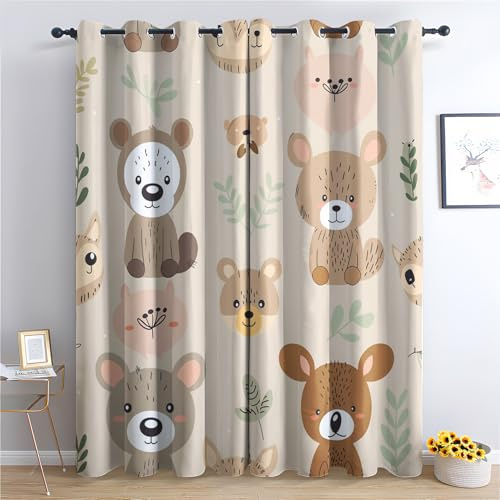 Luxfieo Bär Vorhänge Kinder Cartoon Waldtiere Vorhang Blickdicht Gardinen Verdunklungsvorhänge mit Ösen Thermovorhang für Wohnzimmer Schlafzimmer Kinderzimmer Fenster Deko 2er Set H 160 x B 132 cm