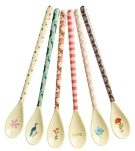 ReWu Rice Melamin Latte Löffel 6er-Set - Pfau & Blumen Print - Bruchsicher Campingeschirr Melamingeschirr Kinderbesteck Dessertlöffel Bruchsicher BPA-frei 19cm