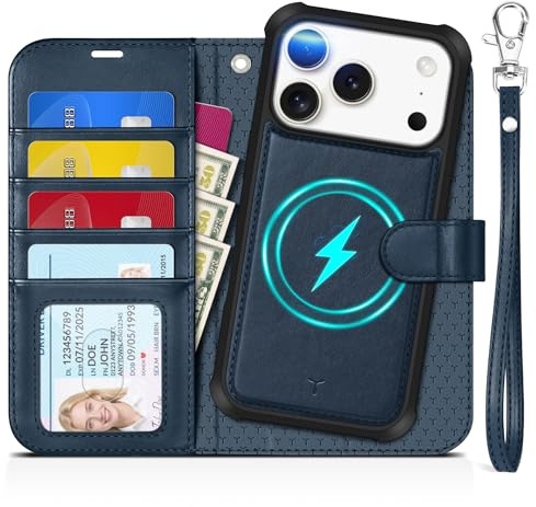 TUCCH Fodral för iPhone 17 Pro 6,3 tum 2025, 2-i-1 avtagbart mobiltelefonfodral, magnetiskt fällbart fodral, trådlös laddning, band, stativ, RFID-blockering, 4 kortfack, PU-läder, mörkblå