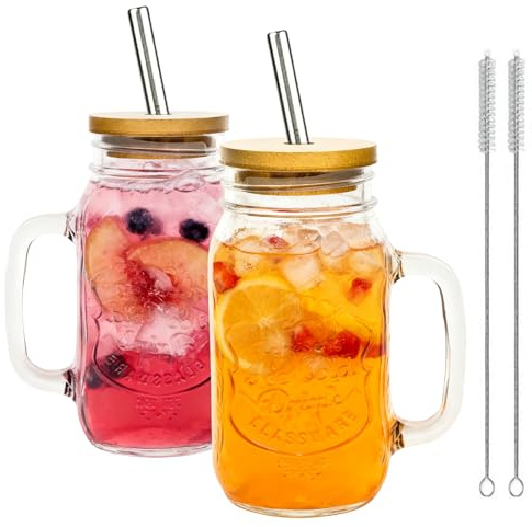 Aegistus 2 Pack Mason Jars with Handles, Tumblers with Straws and Bamboo Lids, 710ml Drinking Glass Cups, Travel Tumbler for Iced Coffee, Smoothie, Overnight Oats Containers