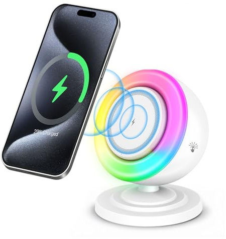 Caricabatterie wireless magnetico 3 in 1 con altoparlante Bluetooth e luce d'atmosfera RGB, ricarica rapida da 15 W per iPhone 12/13/14/15/16 (bianco)