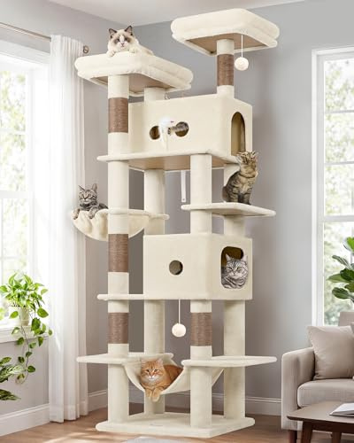 Globlazer S80B Kratzbaum Beige XXL 204 cm für 3-5 Große Katzen Katzenbaum | Mehrstöckiger, 2 Große Katzenhaus, 2 Plattform, Hängematte, Korb, für Schwere Katzen Innen, Einfach Montieren, Robust Sicher