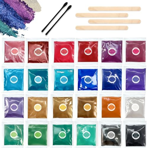 pclapora 24 Stück Farbpigmente für Gießpulver Mica Pulver 3g | Farbe für Gießpulver Es enthält 2 Löffel und 4 Holzstäbchen Mica Powder Diy Kunstharz Gießharz Kerze Kosmetischer