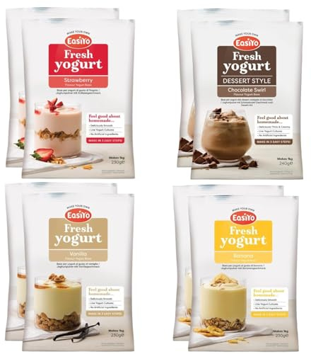 EasiYo Joghurt 8er-Sachet-Packung | Mischpackung mit 4 Sorten | 2 x Chocolate Swirl, 2 x Banane, 2 x Erdbeere, 2 x Vanille | Jeder Beutel ergibt 1 kg Joghurt