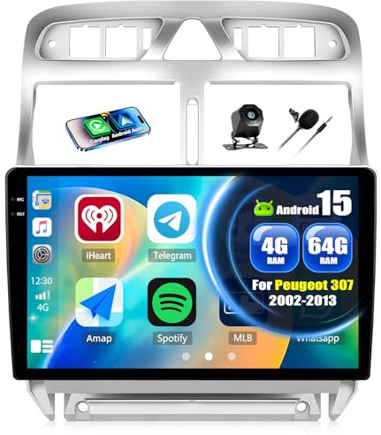 4+64GB Android 15 CAMECHO Autoradio 9 Pulgadas para Peugeot 307 2002-2013 con CarPlay Inalámbrico Android Auto, Radio Bluetooth con Navegación GPS, Pantalla Táctil HD, Wi-Fi, RDS FM y Cámara Trasera