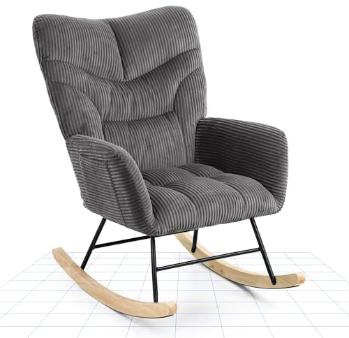 FLEXISPOT Garten Schaukelstuhl mit Seitentasche, Moderner Schwingsessel mit Holzkufen, Schaukelsessel Gepolsterter Relaxsessel für Wohnzimmer, Schlafzimmer, Balkon Grau