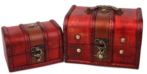 Coolrunner 2pcs Antique Vintage Wooden Box Stamp Flower Small Metal Lock Jewelry Treasure Chest Handmade Retro Wood Organizer Case Box (2 pcs)