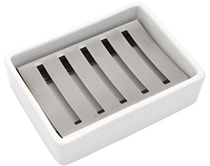 Ceramic Soap Dish Stainless Steel Soap Holder for Bathroom and Shower Double Layer Draining Soap Box