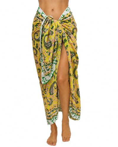 Rastogi Handicrafts Damsarong i 100 % bomull, handtryck, omlottskydd över baddräkt, lång (185 cm x 112 cm (73 x 44 tum)), Gul 4, L