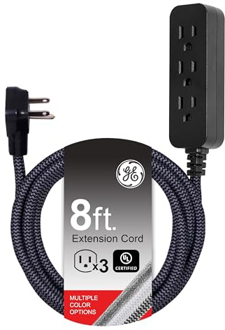 GE 3-Outlet Power Strip Extension Cord with Multiple Outlets 8 Ft Braided Short Cord Extension Cord Grounded Flat Plug ETL Listed White 41282