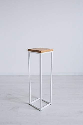 EINE BestLoft Blumensäule Dora aus Eiche - Dekosäule im schlanken Design + Stahlgestell (Gestell Weiß, Höhe 90 cm)